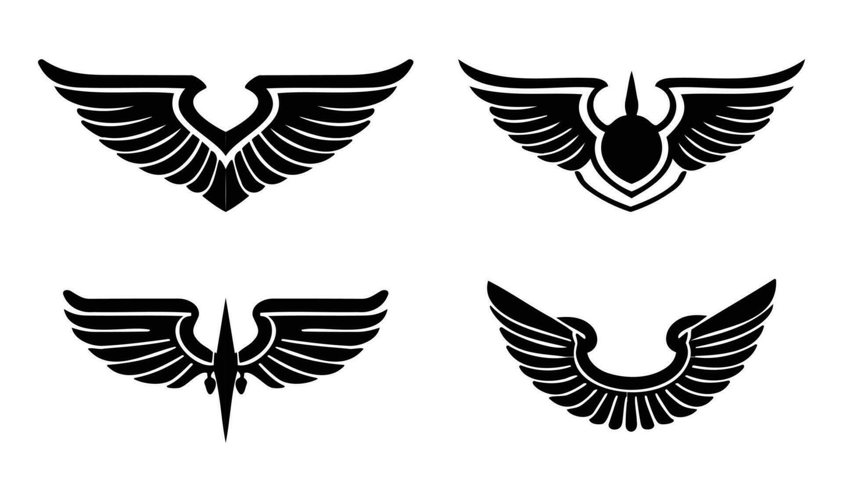 vingar med lång fjäder. ängel eller fågel vinge platt svart ikon uppsättning, tatoo logotyp eller skriva ut design vektor