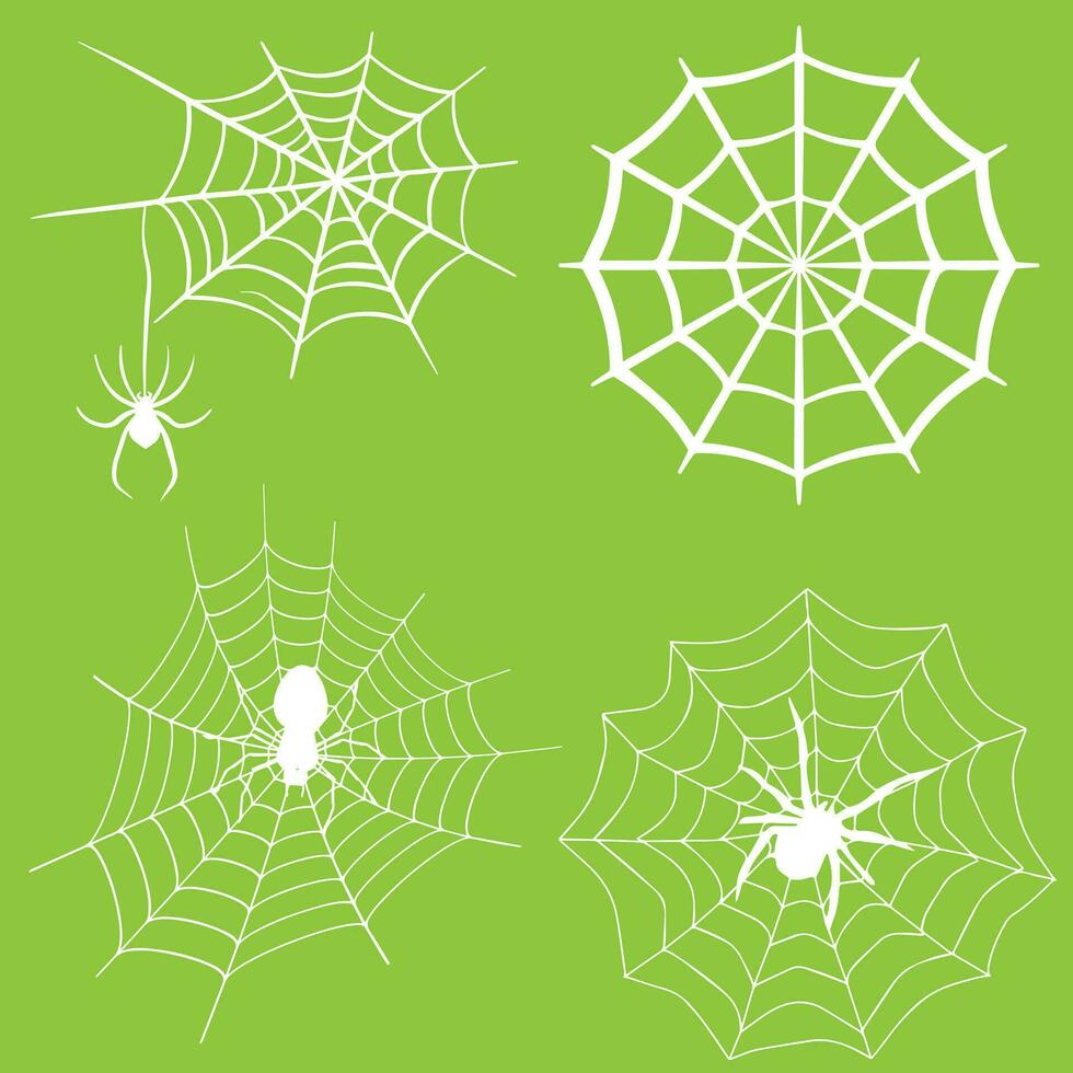 Spindel webb uppsättning isolerat på mörk bakgrund. läskigt halloween spindelväv med spindlar. översikt vektor illustration