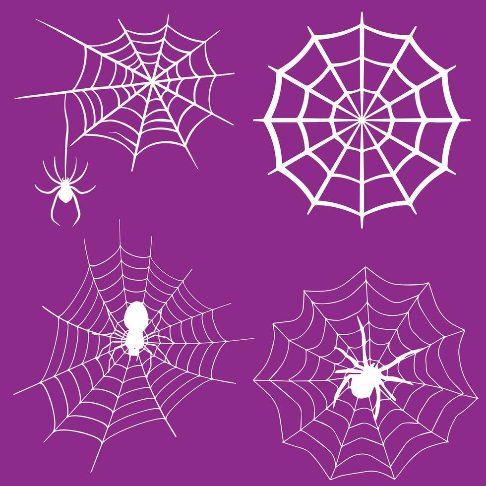 Spinne Netz einstellen isoliert auf dunkel Hintergrund. gespenstisch Halloween Spinnweben mit Spinnen. Gliederung Vektor Illustration