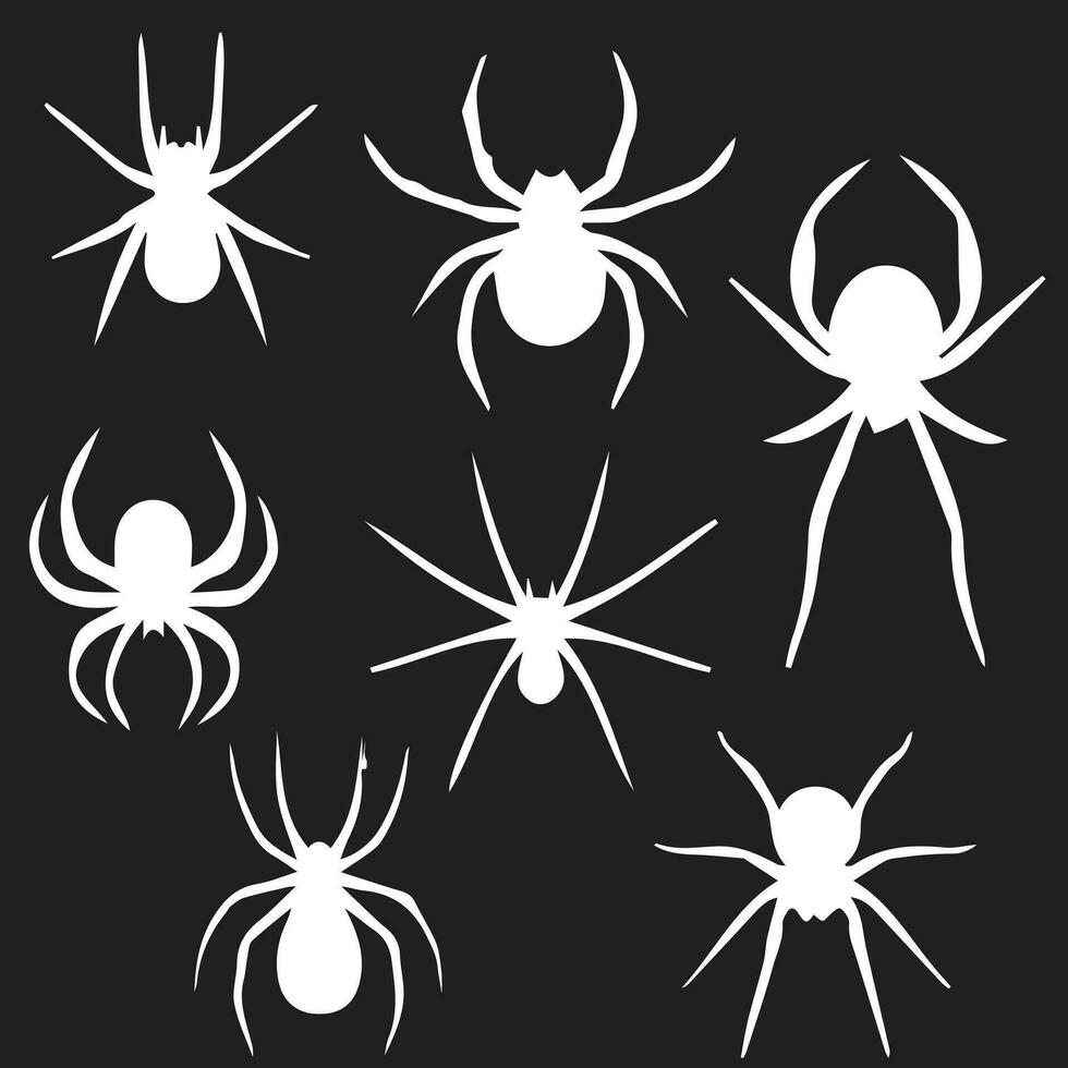 Spindel webb uppsättning isolerat på mörk bakgrund. läskigt halloween spindelväv med spindlar. översikt vektor illustration