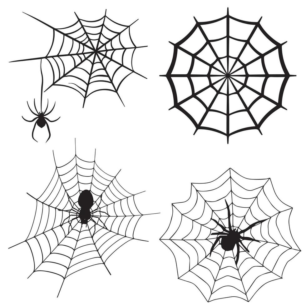 Spinne Netz einstellen isoliert auf dunkel Hintergrund. gespenstisch Halloween Spinnweben mit Spinnen. Gliederung Vektor Illustration