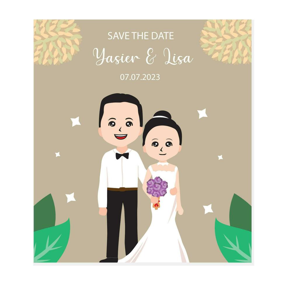 bröllop inbjudan kort med brud och brudgum, vektor illustration.