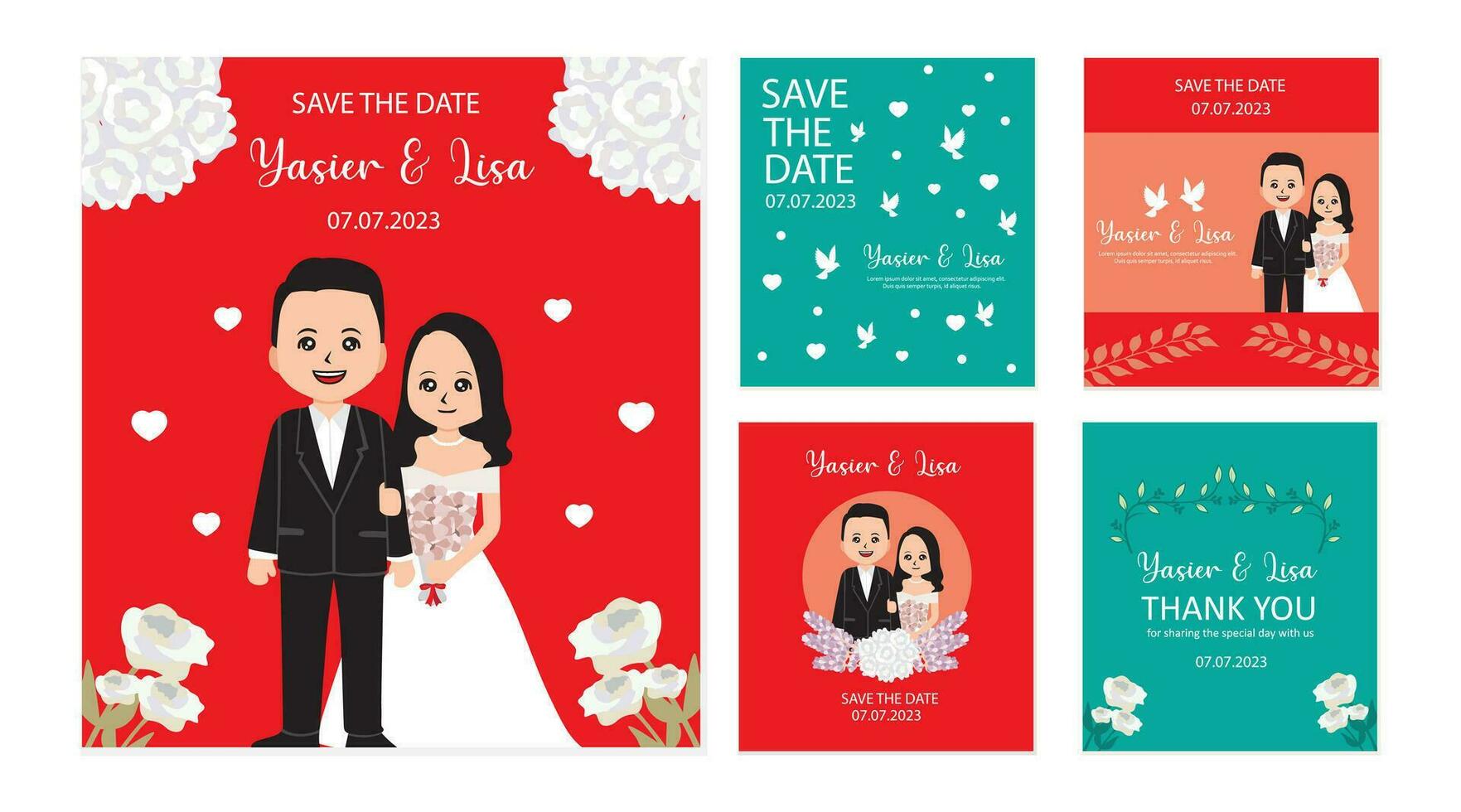 uppsättning av bröllop inbjudan kort med söt tecknad serie brud och brudgum. vektor illustration
