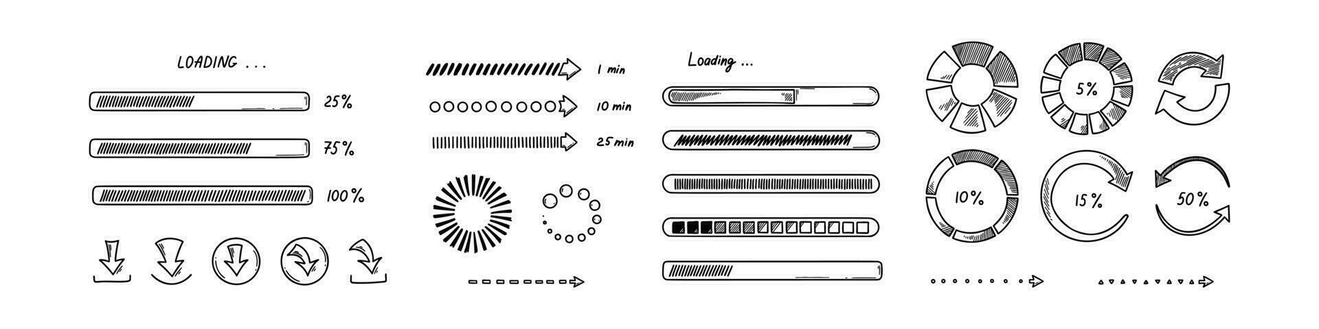 Gekritzel Wird geladen Bar, Kreise, Symbole. Hand gezeichnet einstellen von Grafik, Anwendung, ui Design Elemente. skizzieren Fortschritt Status, hochladen Geschwindigkeit, Batterie aufladen vektor