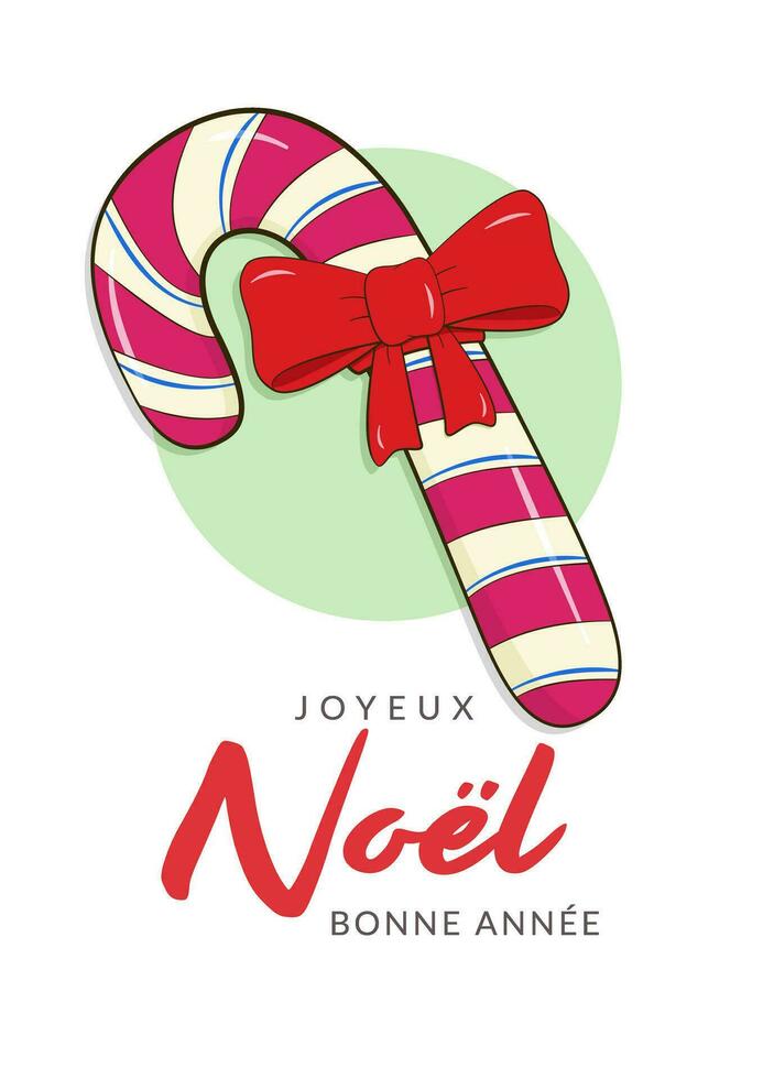 jul affisch med glad jul och Lycklig ny år text i franska. godis sockerrör med rosett vektor