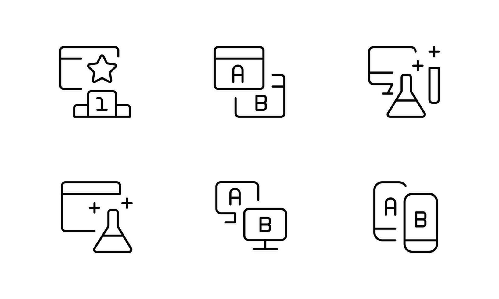 ab testen, Reise Pfad Karte und Frage Kennzeichen Symbole. ux Linie Symbole. Benutzerfreundlichkeit Quiz prüfen, ux ui und Benutzer Fluss. Projekt Verfahren, ab testen Graph, Umfrage Prüfung Ergebnisse. verwenden zum ui und Handy, Mobiltelefon Anwendung, Netz vektor