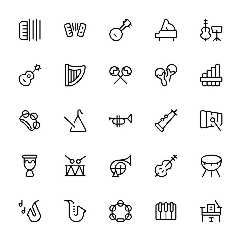 musikalisk instrument ikoner uppsättning. strängar, vindar, tangentbord, slagverk, gitarr, cello, trumma och saxofon. trumpet och tamburin. redigerbar stroke. och lämplig för webb sida, mobil app, ui, ux design. vektor