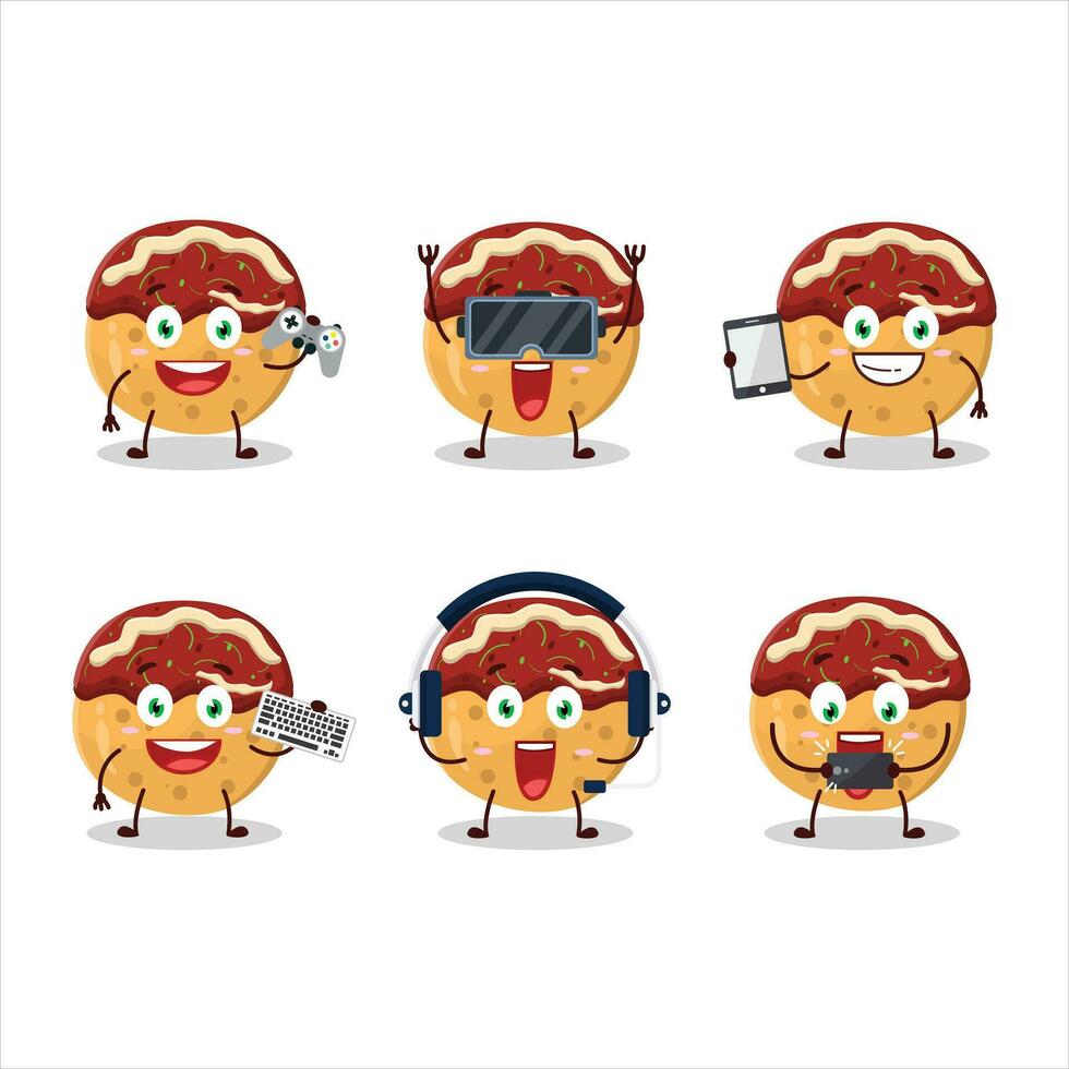 Takoyaki Karikatur Charakter sind spielen Spiele mit verschiedene süß Emoticons vektor