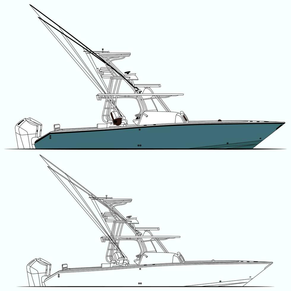 fiske båt vektor linje konst illustration.