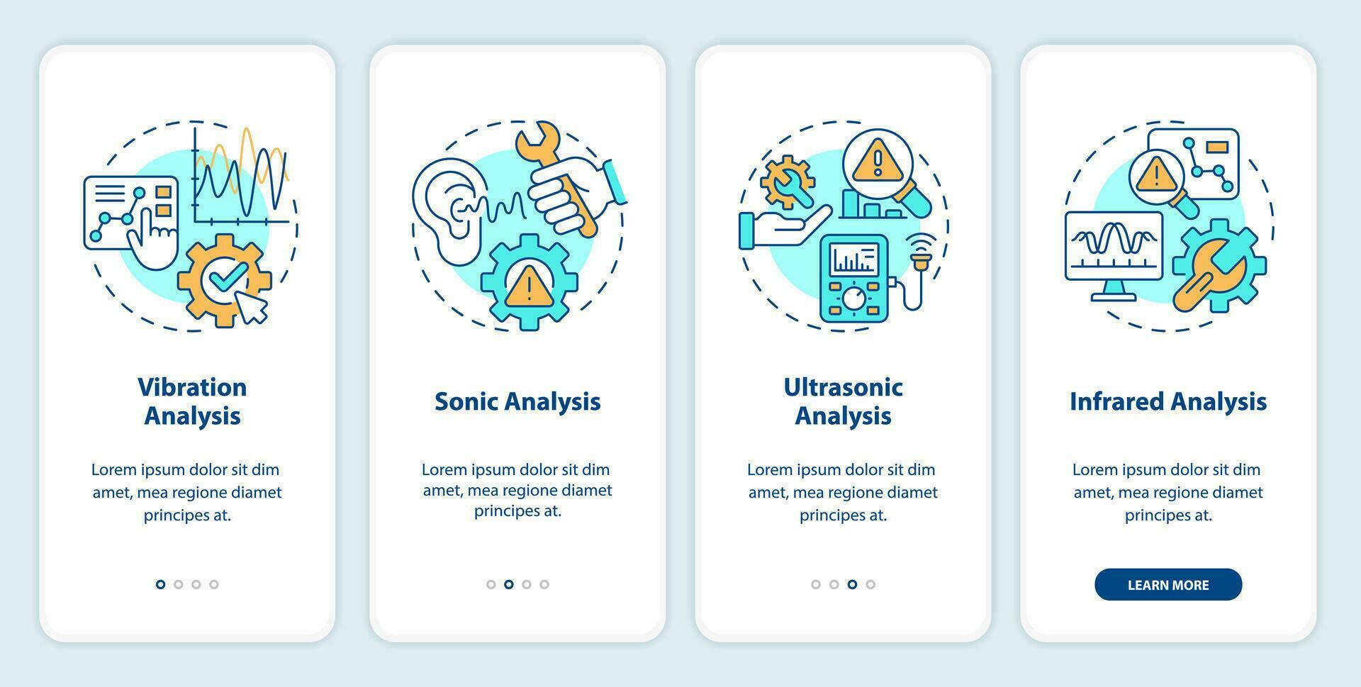 2d Symbole Darstellen vorausschauend Instandhaltung Handy, Mobiltelefon App Bildschirm Satz. Komplettlösung 4 Schritte Mehrfarbig Grafik Anleitung mit dünn linear Symbole Konzept, ui, ux, gui Vorlage. vektor