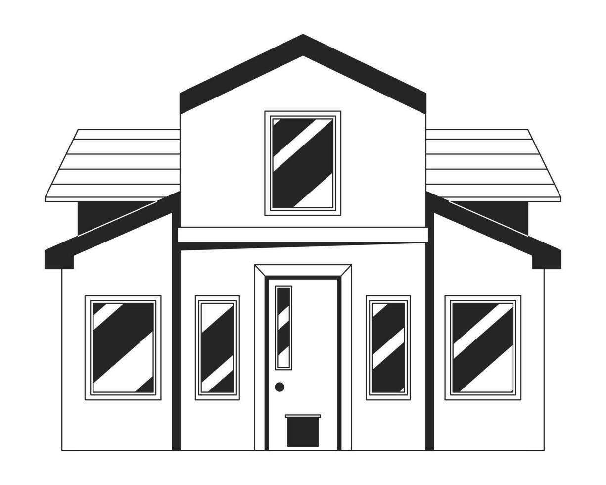 modern Single Familie Zuhause schwarz und Weiß 2d Linie Karikatur Objekt. zwei Geschichte Zuhause isoliert Vektor Gliederung Artikel. Wohn Bereich. zeitgenössisch Gegend Haus monochromatisch eben Stelle Illustration