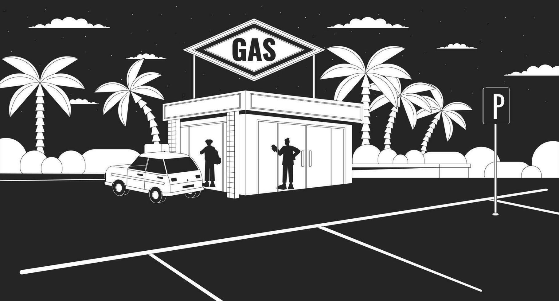 silhuetter på gas station nattetid svart och vit lofi tapet. människor inuti bekvämlighet Lagra 2d översikt stadsbild tecknad serie platt illustration. parkering massa vektor linje lo fi estetisk bakgrund