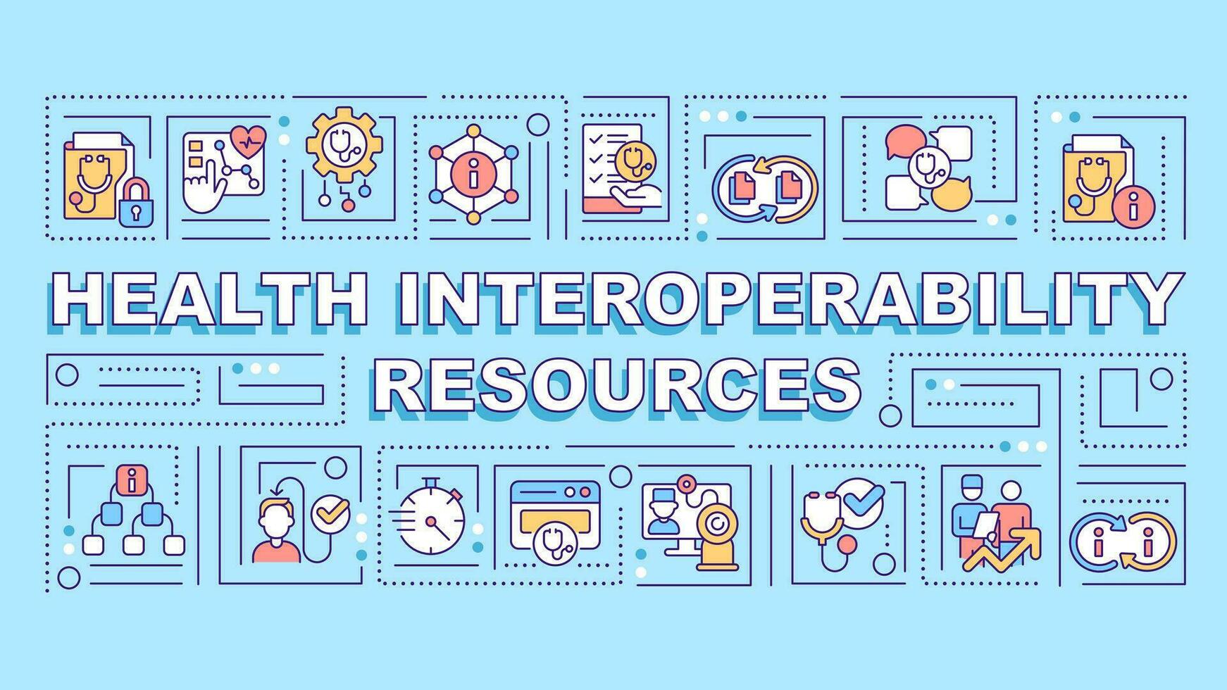 Gesundheit Interoperabilität Ressourcen Text mit verschiedene dünn Linie Symbole Konzept auf Blau monochromatisch Hintergrund, editierbar 2d Vektor Illustration.