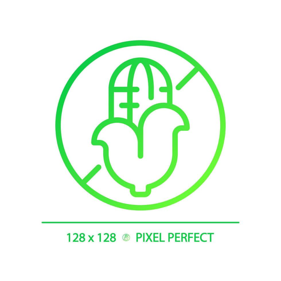 2d pixel perfekt lutning majs fri ikon, isolerat vektor, tunn linje grön illustration representerar allergen fri. vektor