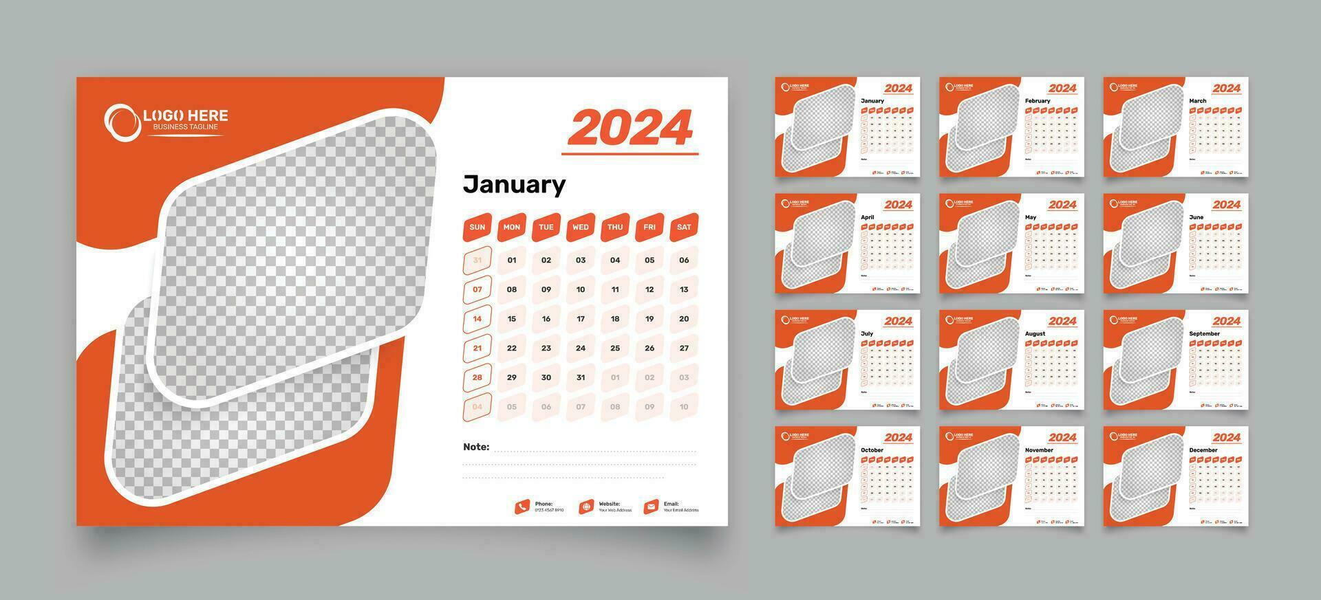 abstrakt 12 sidor skrivbord kalender design för 2024 med exakt datum formatera och två bild Platshållare vektor