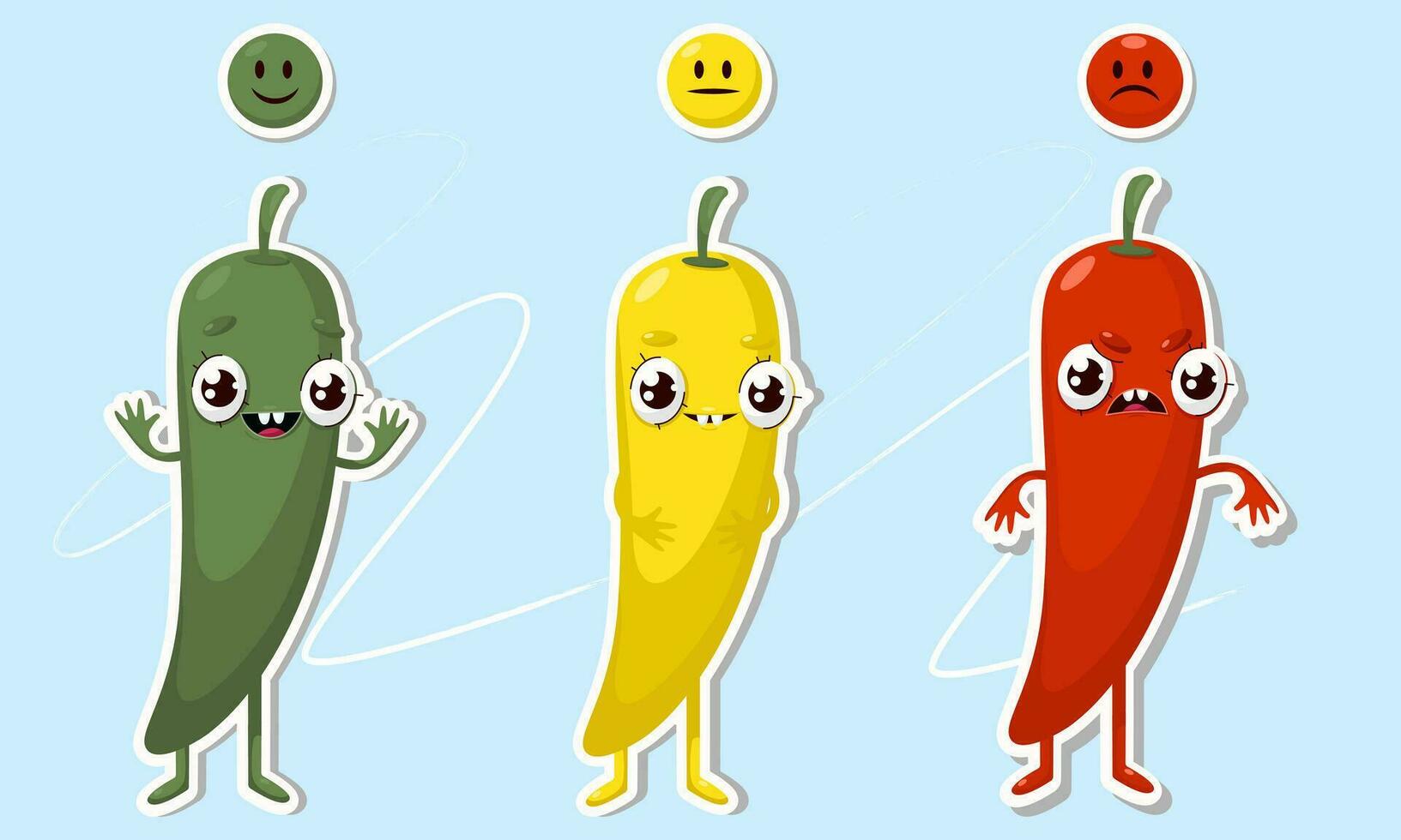 Chili Pfeffer würzig Essen Niveau Aufkleber. traurig und positiv Chili.Hand gezeichnet Stil Vektor Design Abbildungen