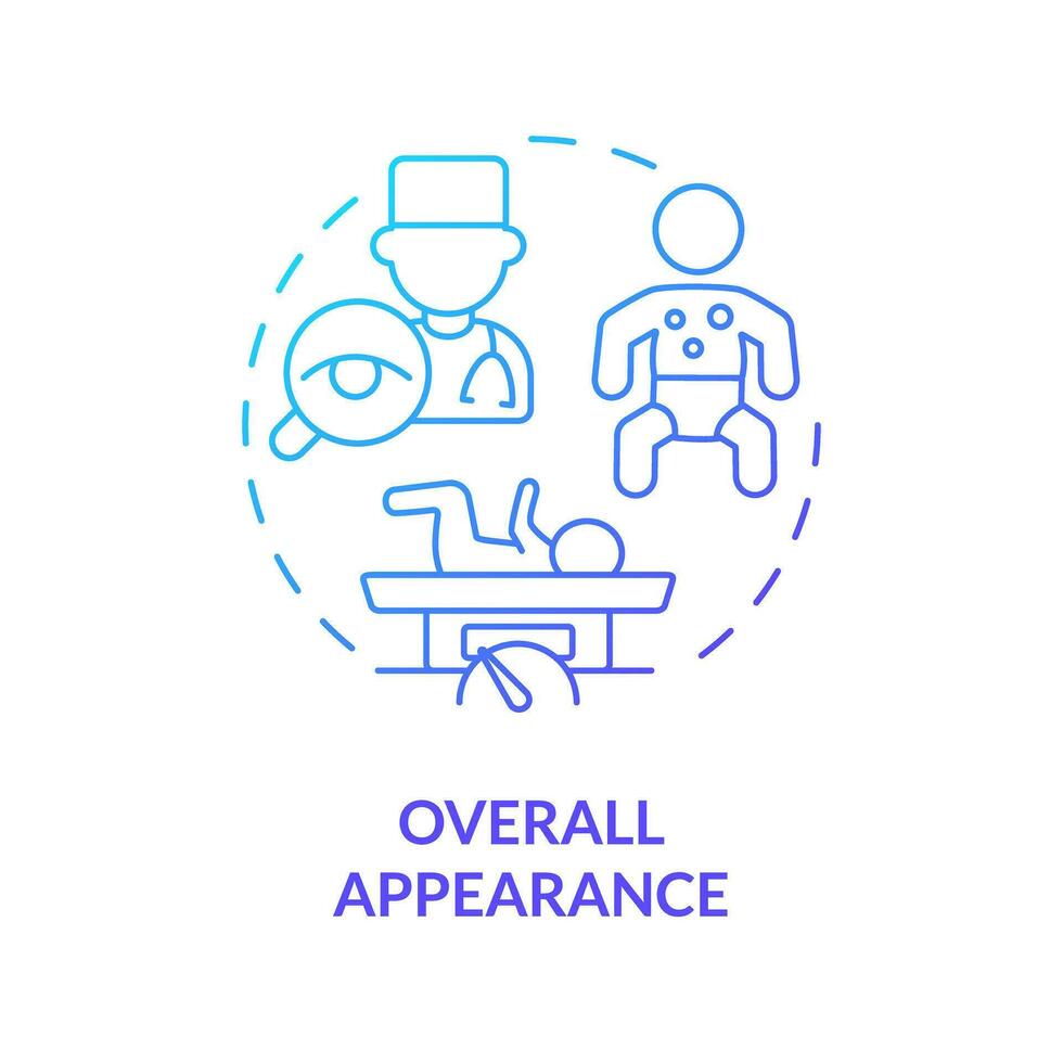 övergripande utseende blå lutning begrepp ikon. nyfödd bebis. fysisk undersökning. hälsa bedömning. huvud till tå. pediatrisk vård abstrakt aning tunn linje illustration. isolerat översikt teckning vektor