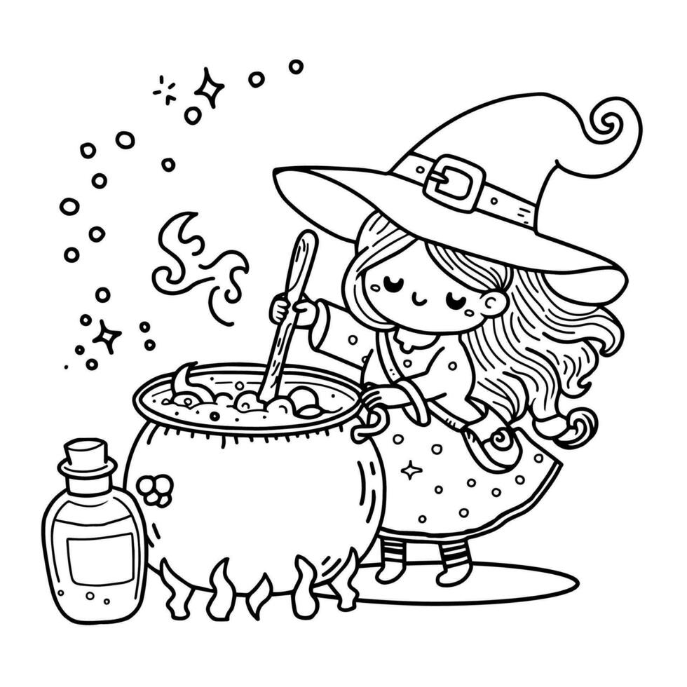 söt tecknad serie flicka i halloween häxa klänning och brygger trolldryck i häxa kittel skisse för färg vektor