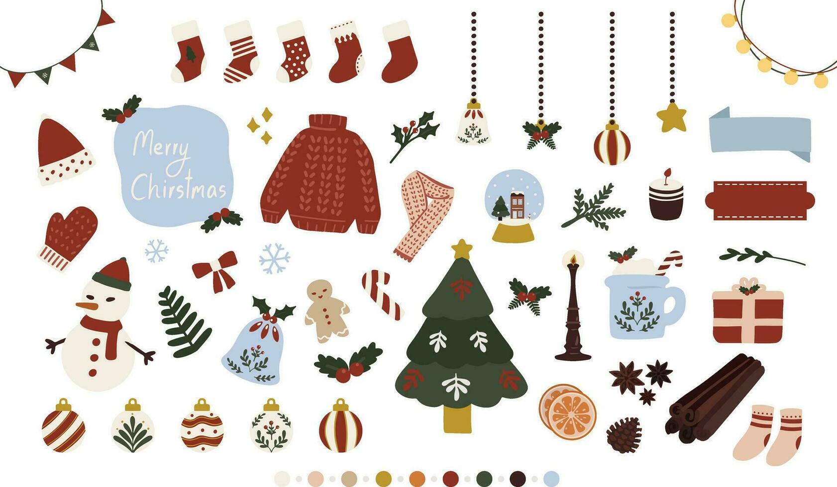 hand dragen vektor platt illustration av en uppsättning av vinter- jul Semester atmosfär klistermärke packa. söt hygge motiv element klotter samling i platt stil. för vinter- affisch, kort, scrapbooking, inbjudan