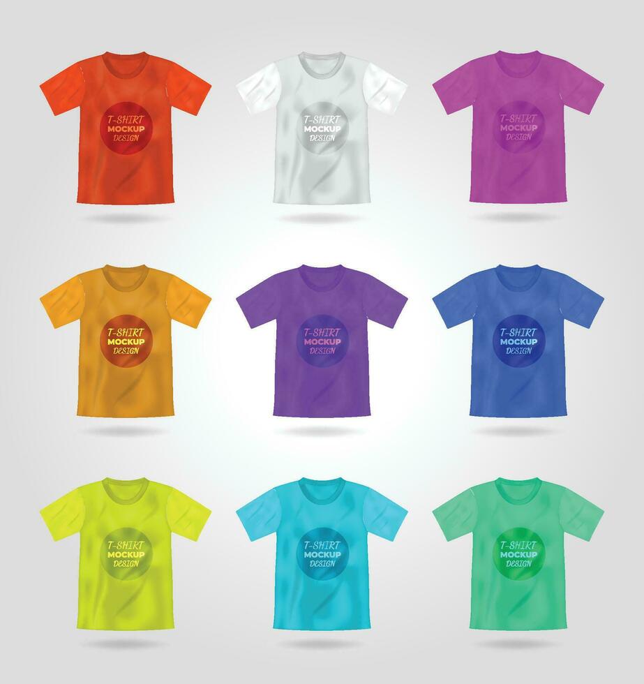 einstellen von T-Shirt 3d realistisch spotten hoch, männlich T-Shirt Vektor Vorlage Vorderseite zurück Sicht. leer bekleidung Design zum Männer, Sportbekleidung, beiläufig Kleidung