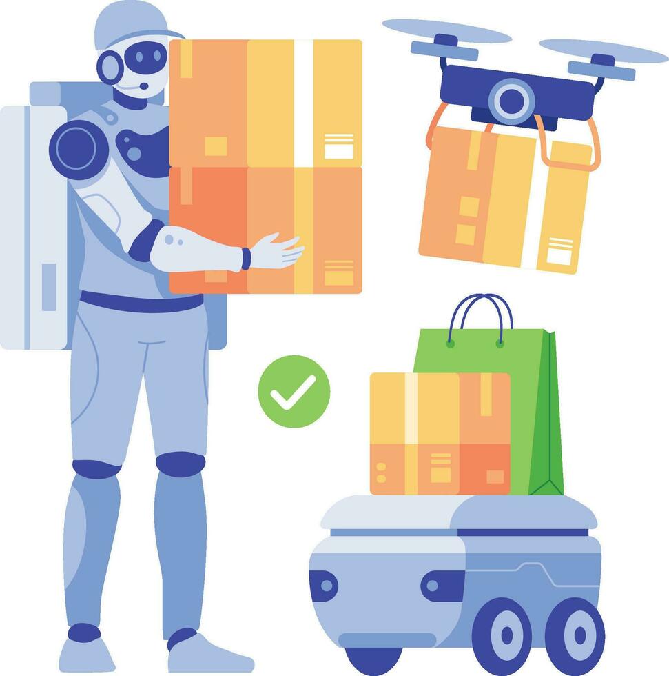 Lieferung Roboter mit Drohne und Karton Boxen. Lieferung Bedienung Konzept. Sozial Vernetzung und online Kommunikation Konzept. Vektor Illustration