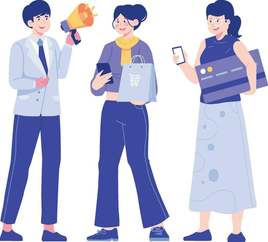 jung Mann und Frau halten Einkaufen Taschen und mit Handy, Mobiltelefon Telefon. online Einkaufen Konzept. Vektor Illustration