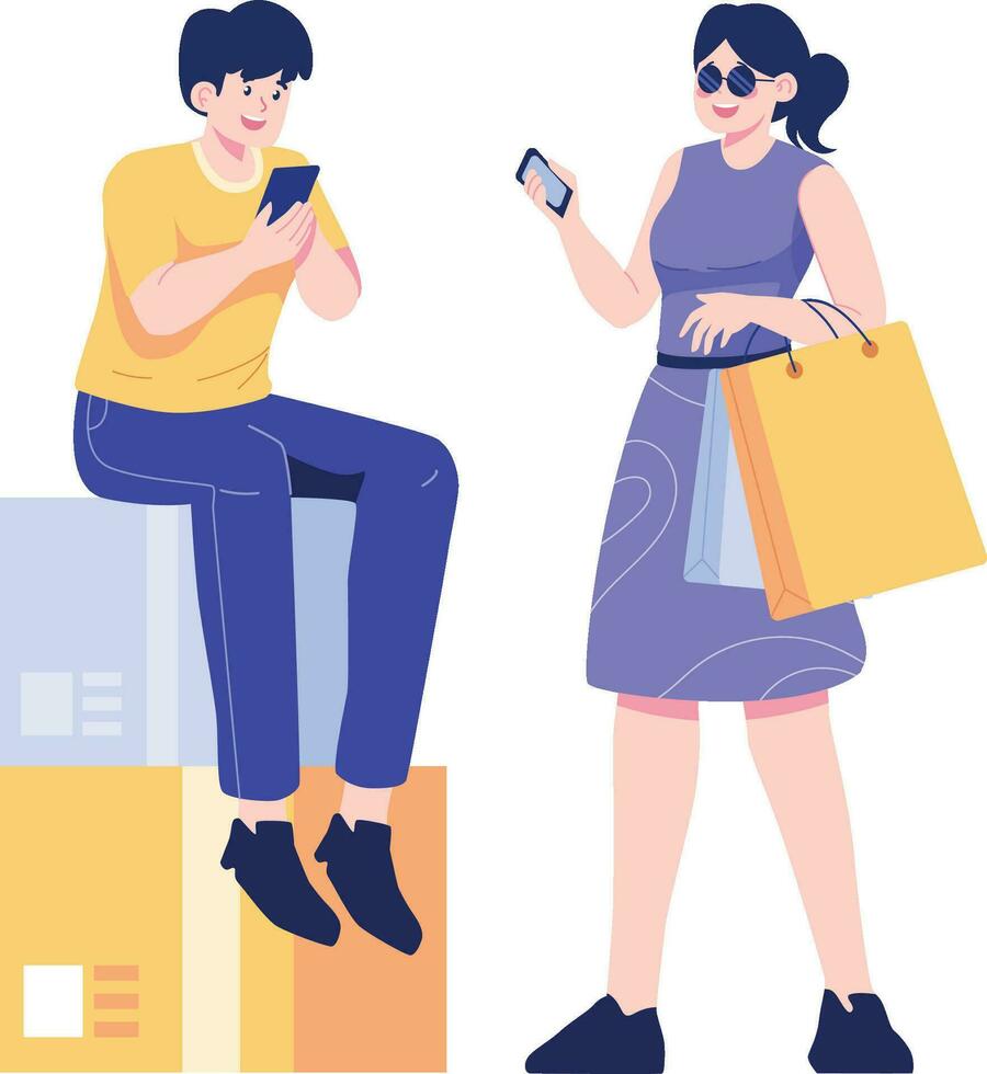 man och kvinna Sammanträde på lådor och använder sig av mobil telefon. uppkopplad handla begrepp. vektor illustration