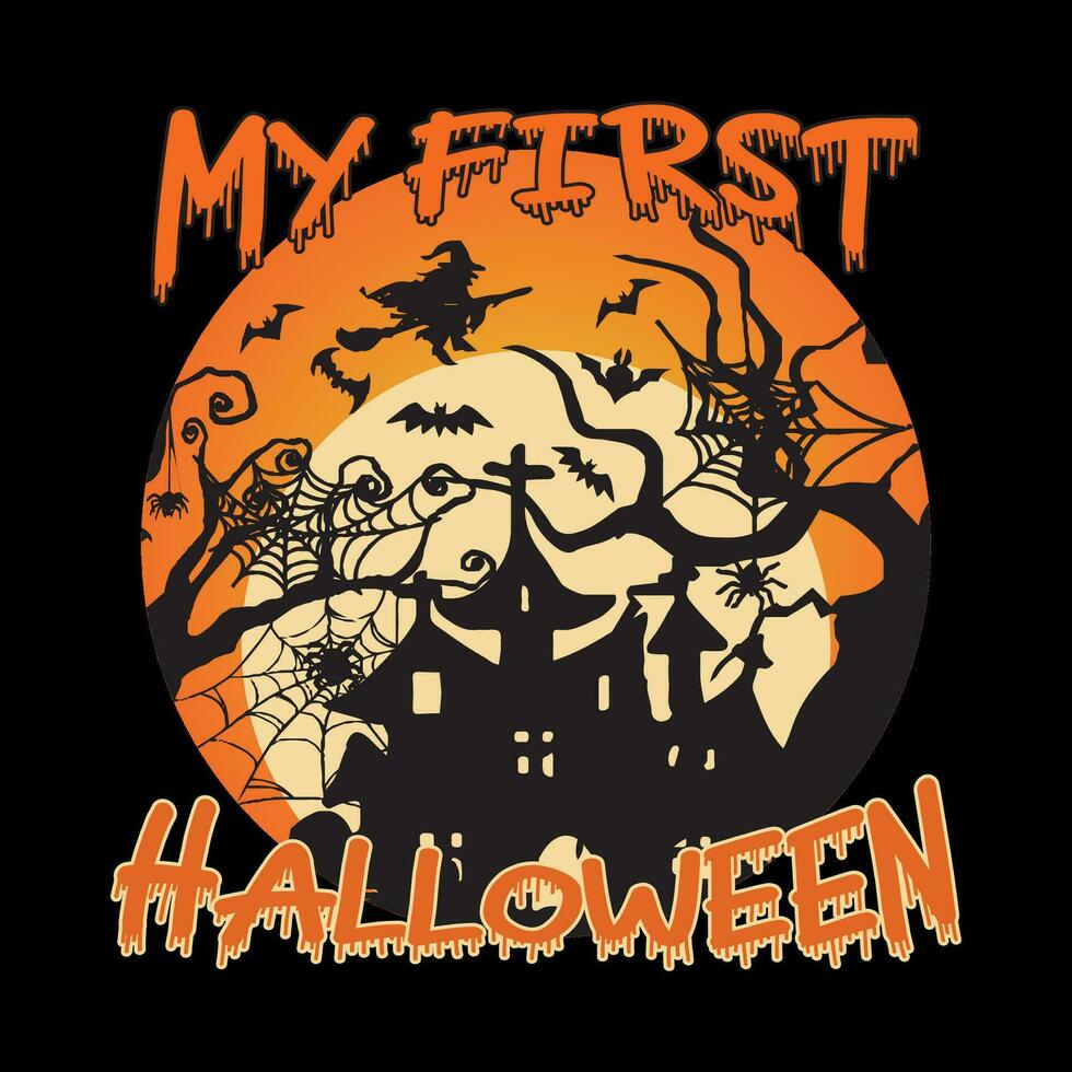 hand dragen årgång Lycklig halloween firande med natt, halloween t-shirt vektor