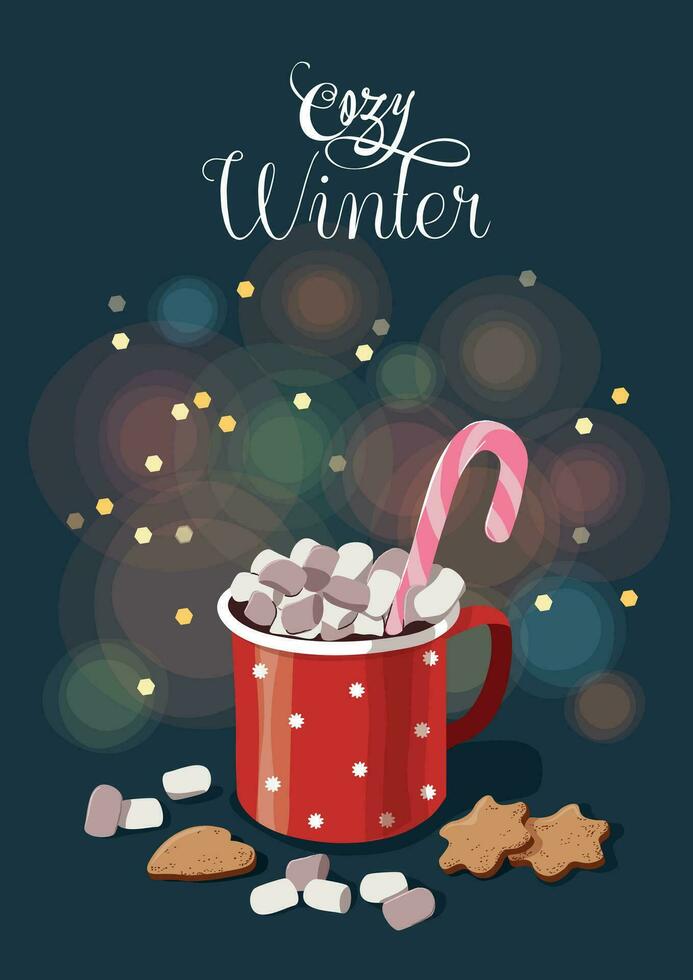 vinter- varm choklad röd kopp marshmallow. färgrik affisch med röd råna av varm choklad, marshmallow och småkakor. mysigt vinter- text. jul hälsning kort design element. vektor