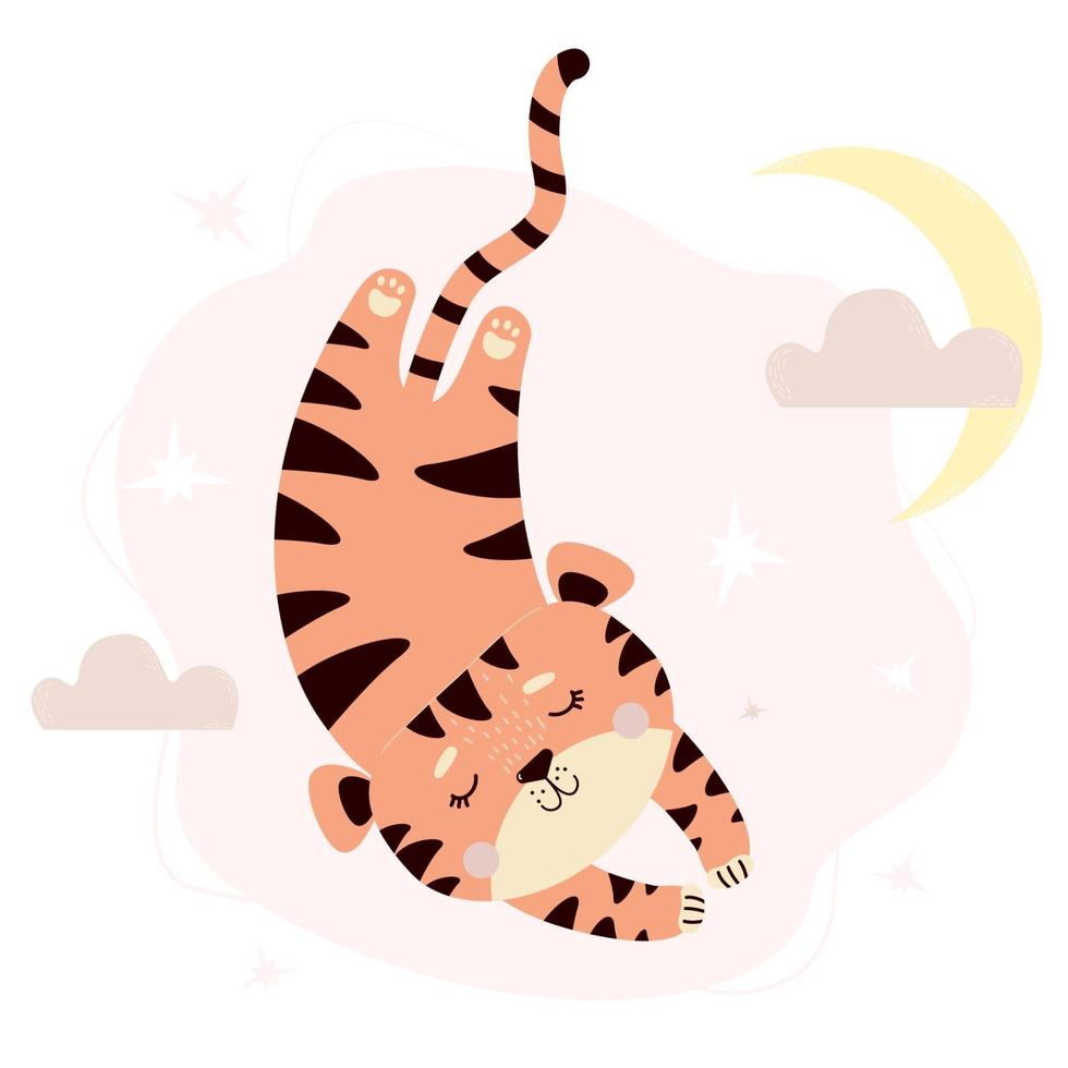 süßer schlafender Tiger vor dem Hintergrund von Himmel, Mond und Wolken vektor
