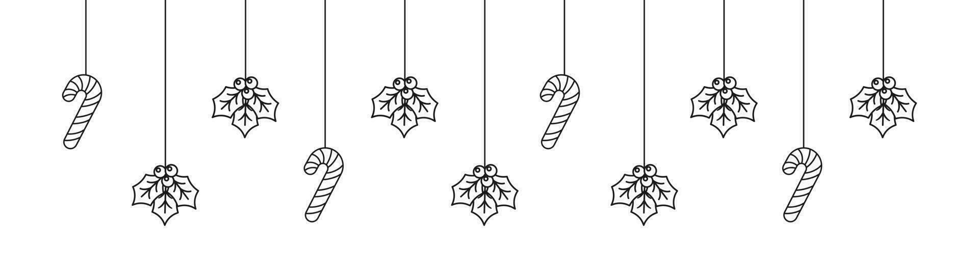 fröhlich Weihnachten Rand Banner Gliederung Gekritzel, hängend Mistel und Süßigkeiten Stock Girlande. Winter Urlaub Jahreszeit Header Dekoration. Netz Banner Vorlage. Vektor Illustration.