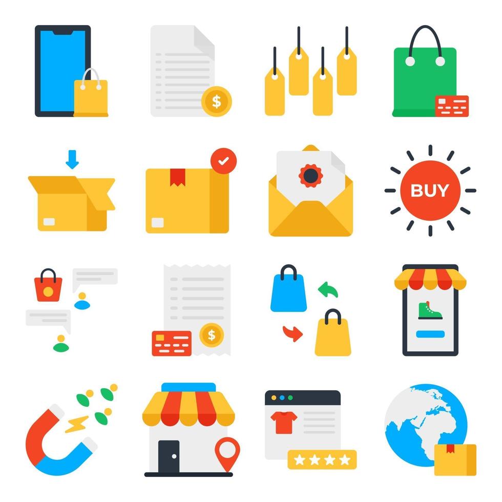 Packung mit flachen Symbolen für Shopping und E-Commerce vektor