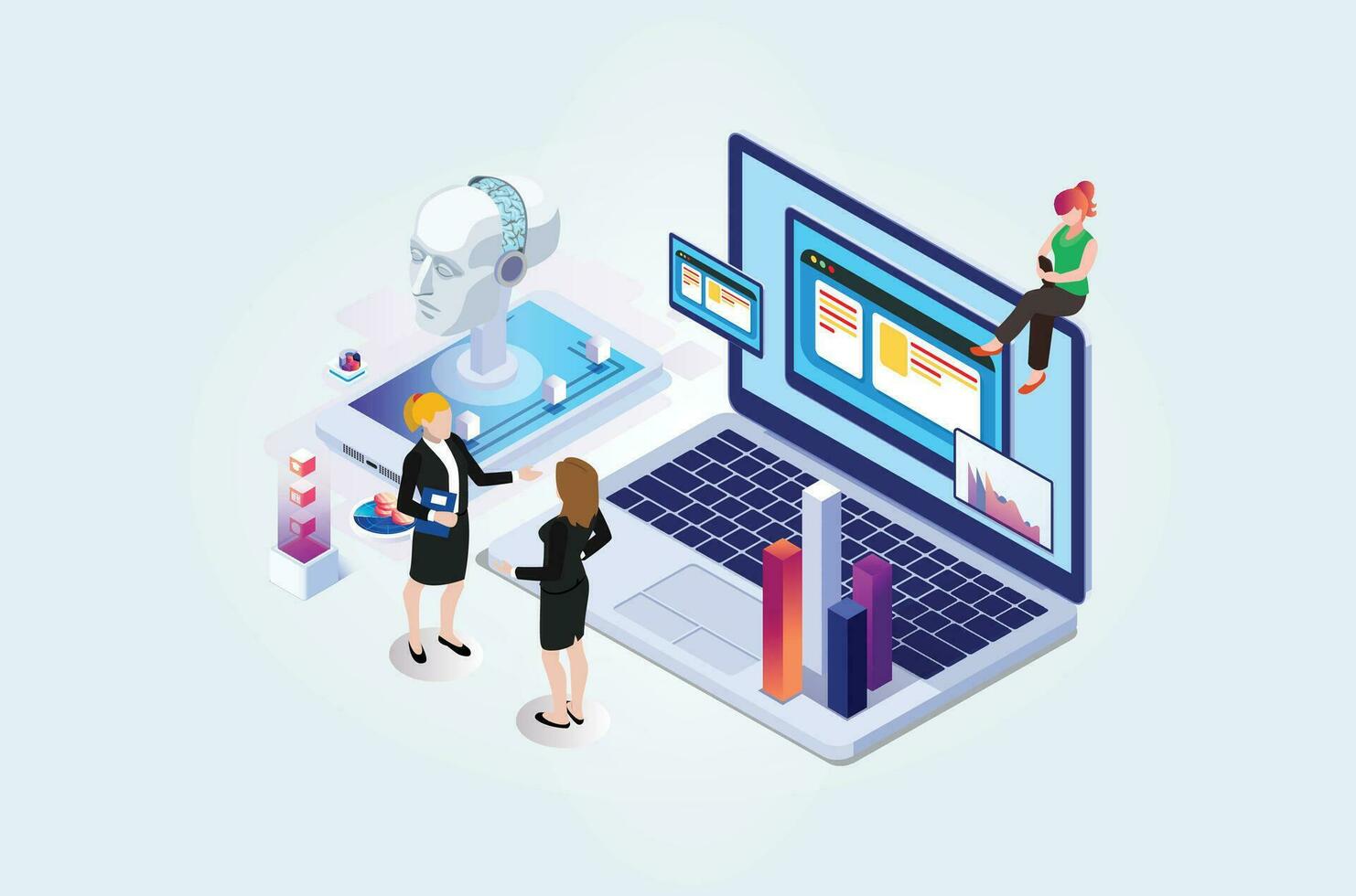 modern isometrisk artificiell intelligens robot inlärning illustration, webb baner, lämplig för diagram, infografik, bok illustrationer, spel tillgångar och Övrig grafisk relaterad tillgångar vektor