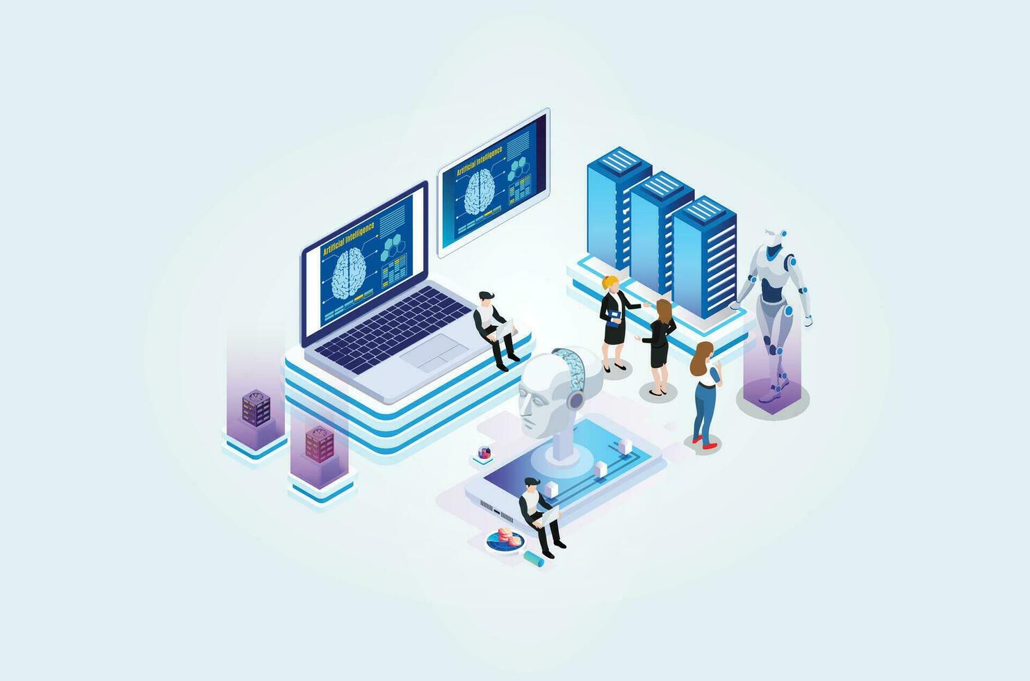 modern isometrisk artificiell intelligens robot inlärning illustration, webb baner, lämplig för diagram, infografik, bok illustrationer, spel tillgångar och Övrig grafisk relaterad tillgångar vektor