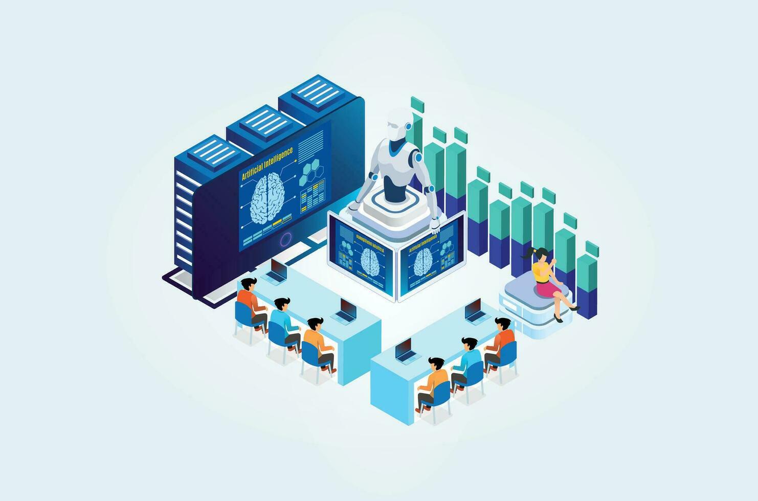 modern isometrisk artificiell intelligens robot inlärning illustration, webb baner, lämplig för diagram, infografik, bok illustrationer, spel tillgångar och Övrig grafisk relaterad tillgångar vektor