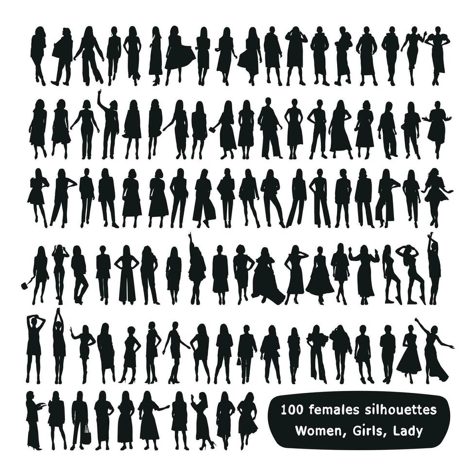 100 honor silhuetter. kvinna, kvinnor, tös, lady, flicka, tonåringar, ungdom vektor