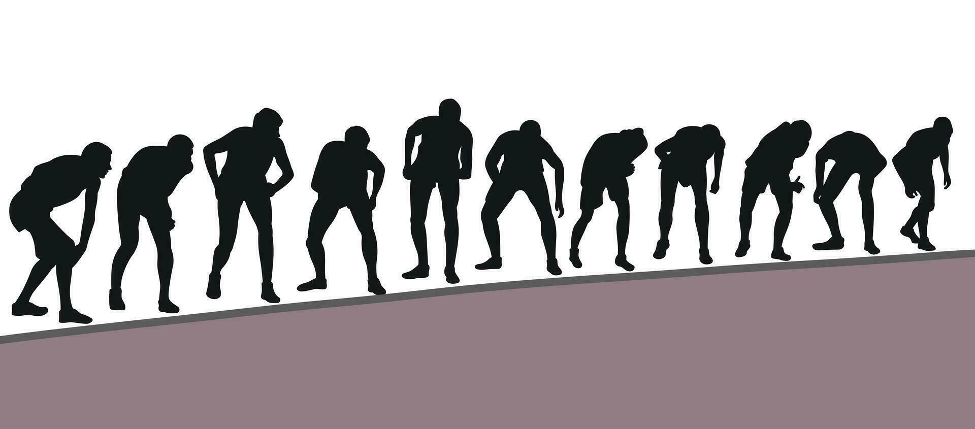 silhuetter av idrottare löpning från en hög Start. löpning, korsa, sprint, joggning, gående vektor