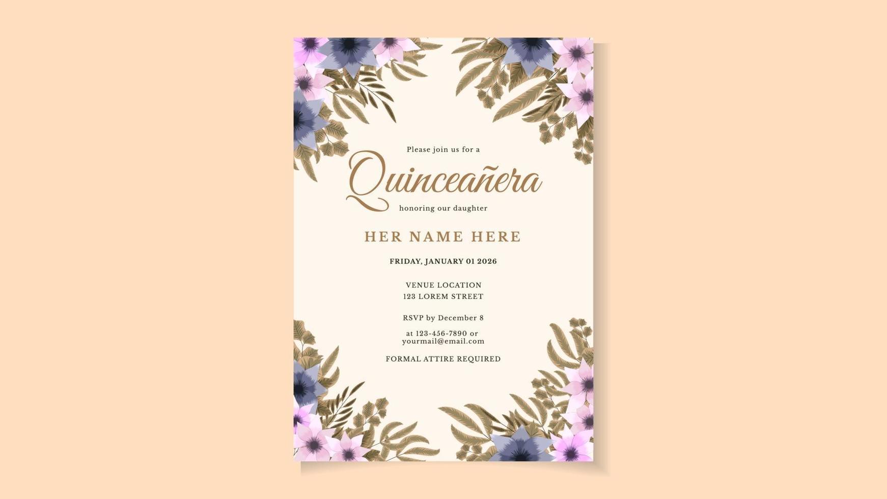 Quinceanera Geburtstagsfeier Blumen Flyer Einladungskartenvorlage vektor