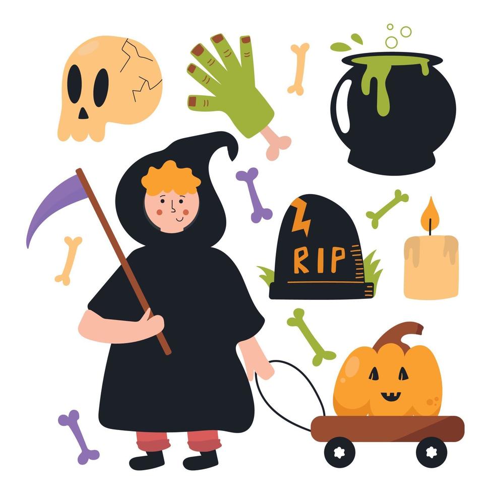 uppsättning halloween -element. söt och rolig platt illustration vektor