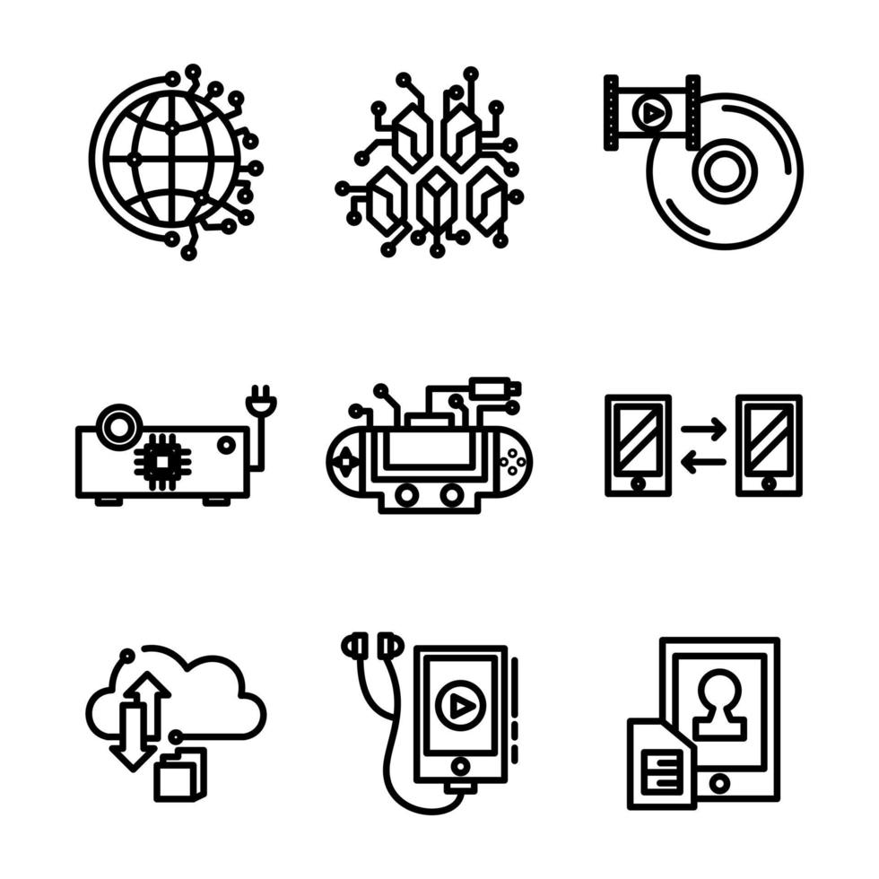 Set Symbol Technologie Stil sechs Umrissdesign vektor