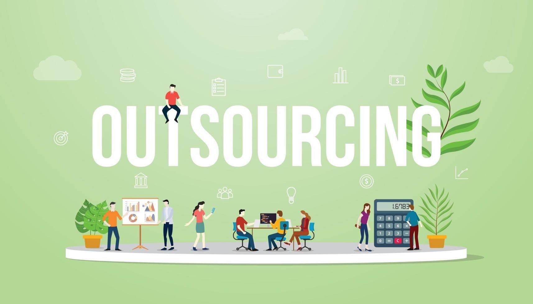 outsourcing affärsidé stor text med människor lagarbete vektor
