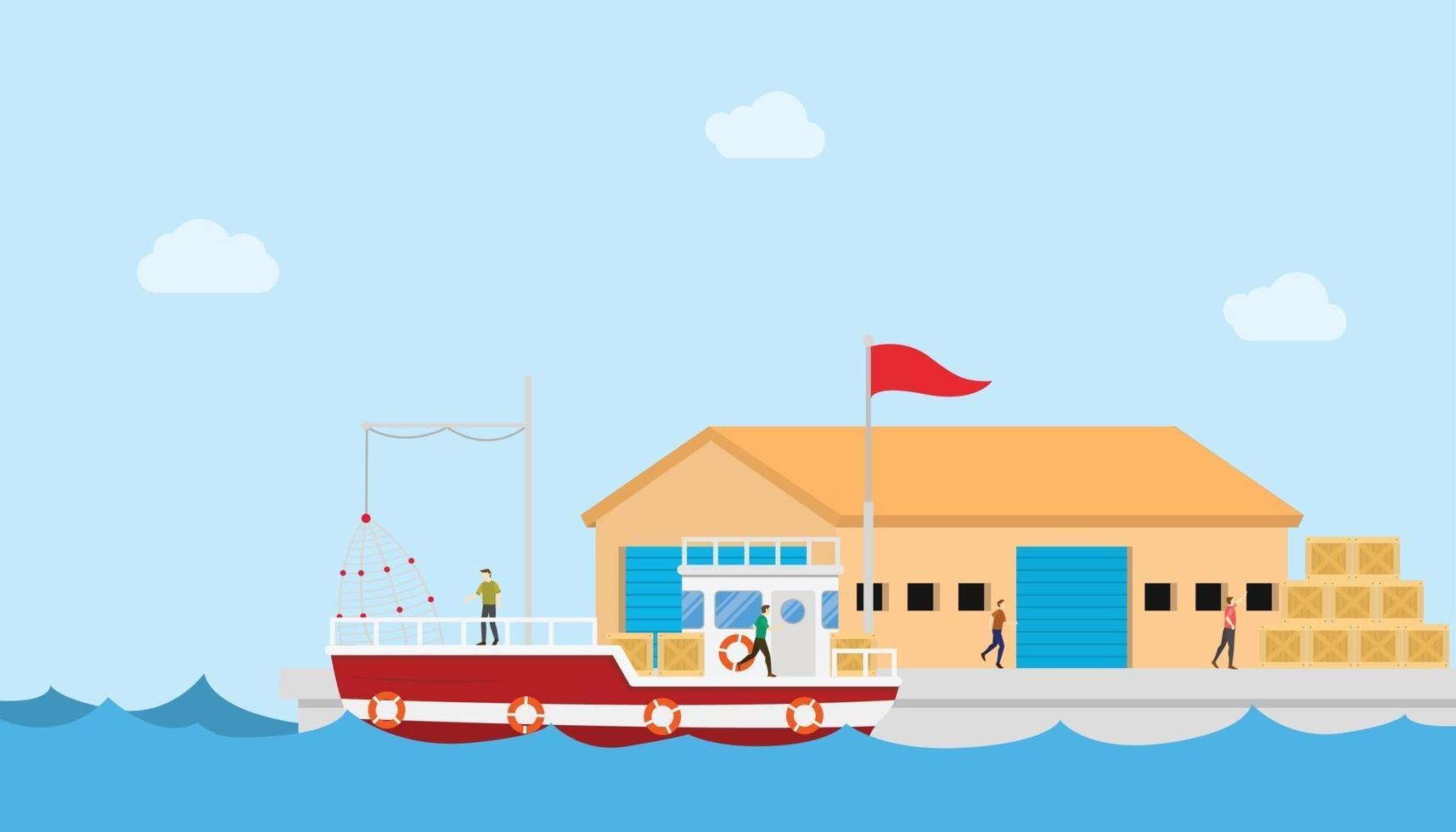 fiskeindustrikoncept på liten hamn och lager eller lager vektor