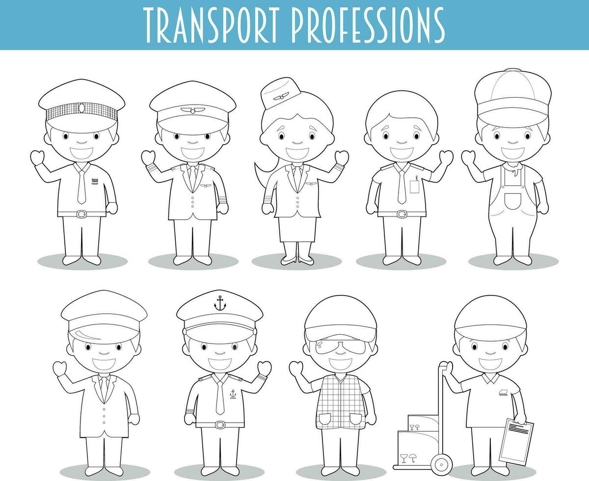 vektor uppsättning av transport yrken för färg i tecknad serie stil.