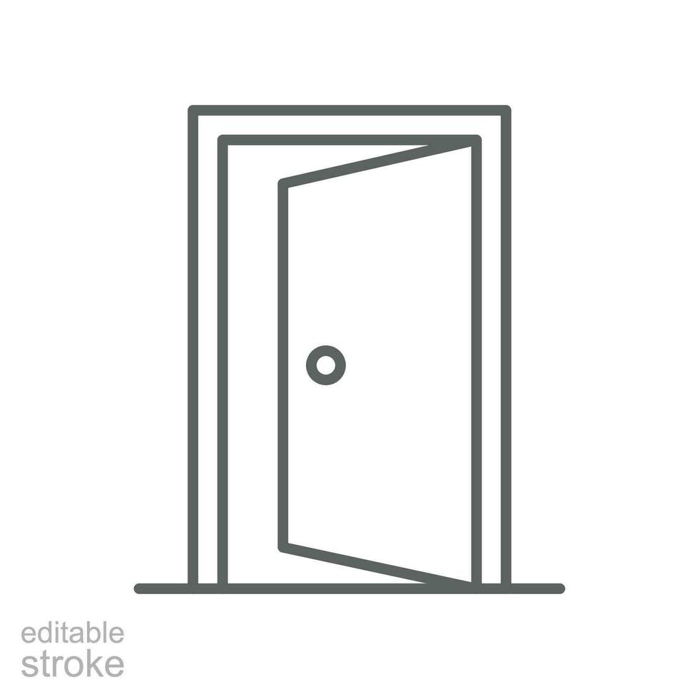 öppnad dörr ikon. enkel översikt stil. dörr, öppna, stiga på, utgång, ingång, hus, Hem interiör begrepp. tunn linje symbol. vektor illustration isolerat. redigerbar stroke.
