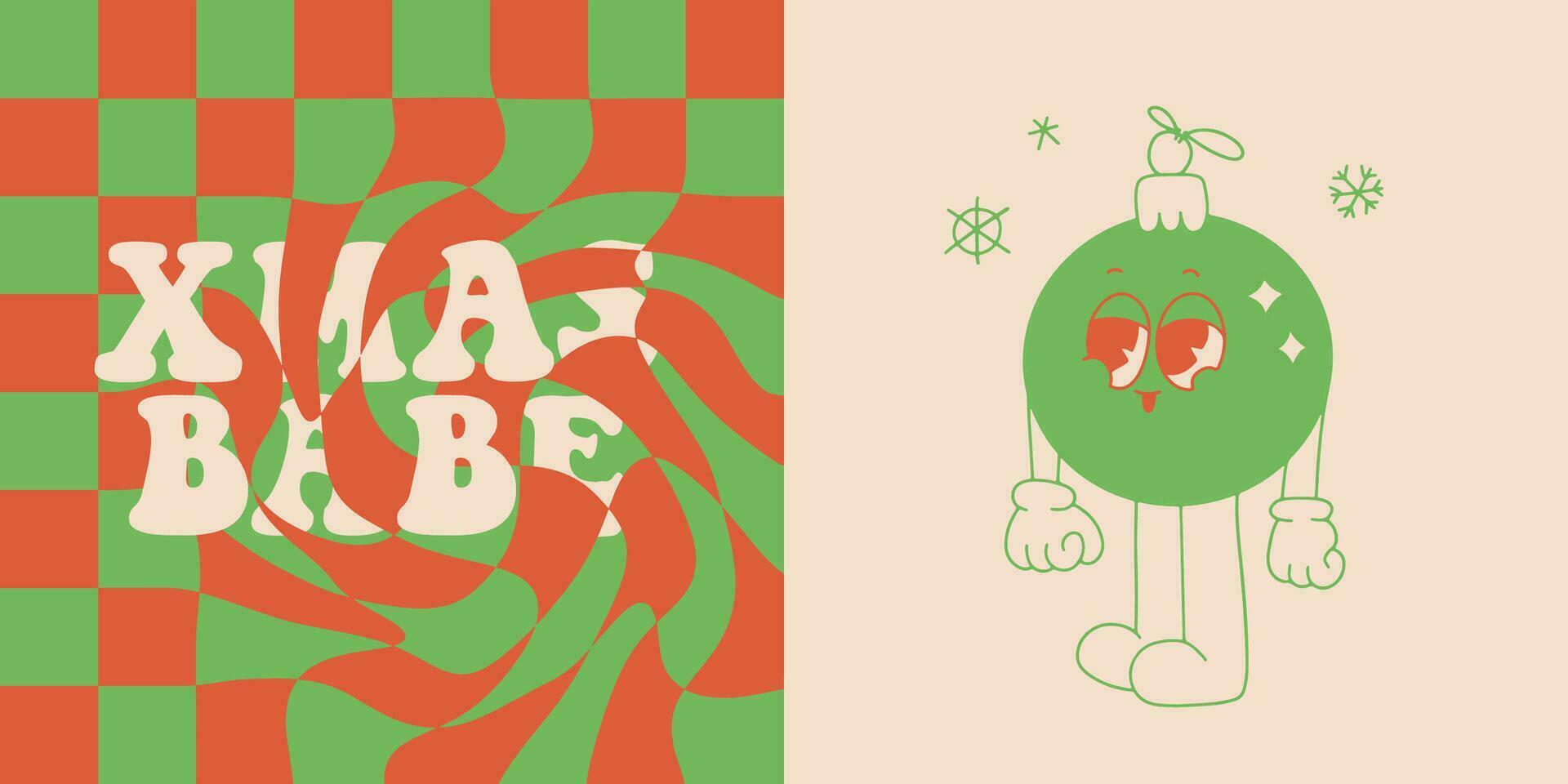 Weihnachten und Neu Jahr retro Karikatur Charakter von Weihnachten Baum Flitter Gruß Karte Vorlage. Duotone Baby Zitat und Baum Dekoration Ball. Vektor Maskottchen Illustration Jahrgang Comic Stil Karten isoliert