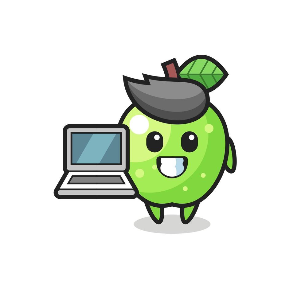 maskot illustration av grönt äpple med en bärbar dator vektor