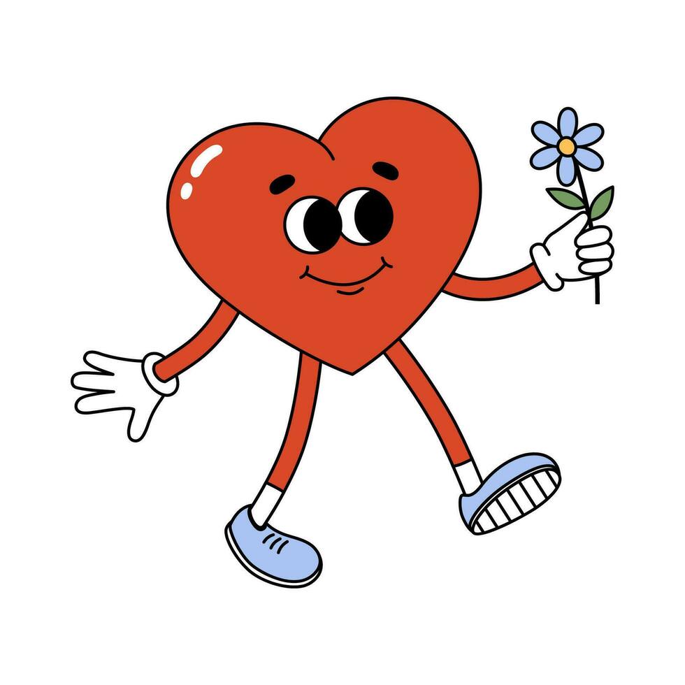 groovig Hippie Herz Charakter mit Blume. Karikatur Charakter im modisch retro Stil zum Valentinsgrüße Tag Design. Liebe Konzept. isoliert Vektor Illustration