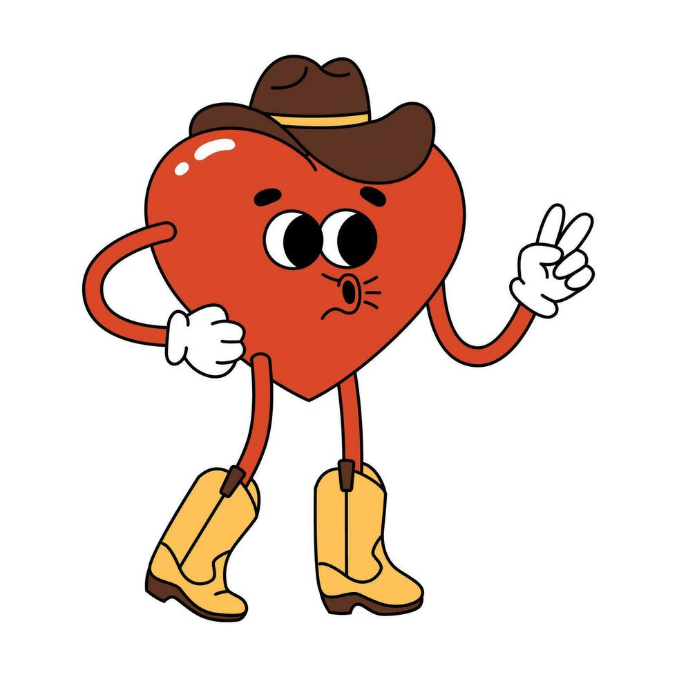 groovig Hippie Herz Charakter im Cowboy Hut. Karikatur Charakter im modisch retro Stil zum Valentinsgrüße Tag Design. Liebe Konzept. isoliert Vektor Illustration