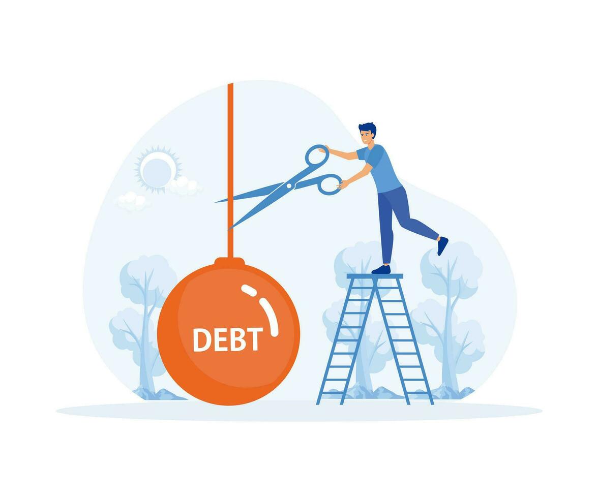 Schneiden Schulden, Geschäftsmann Hand halten Schere zu Schnitt Schulden, finanziell Analphabetentum und Schulden, Konkurs und Hypothek. eben Vektor modern Illustration