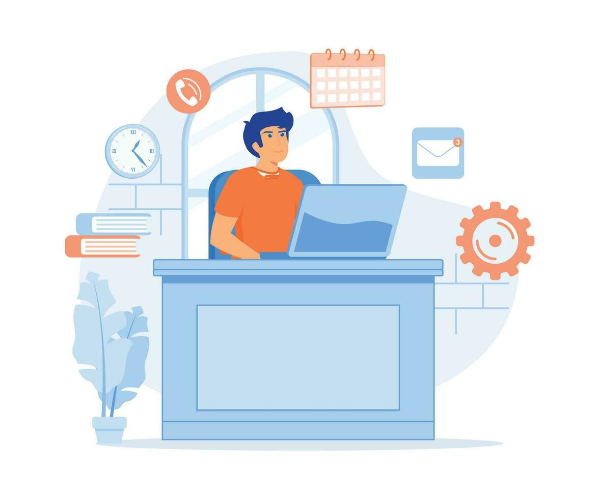 Multitasking, Zeit Management, glücklich Geschäft Mann mit Multitasking Kompetenzen Sitzung beim seine Büro, eben Vektor modern Illustration